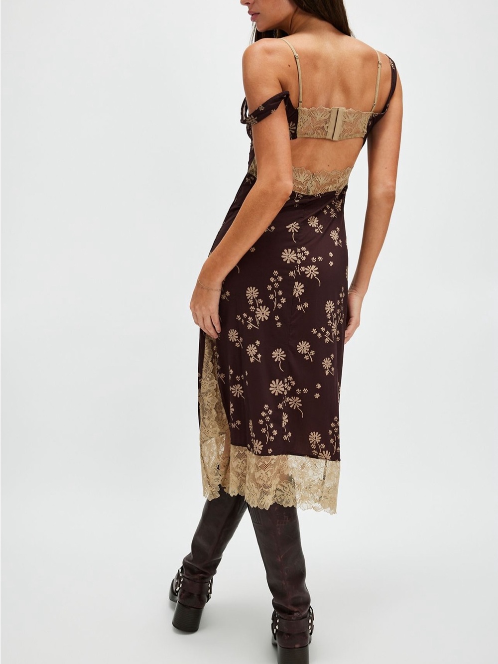 Free People Party Crasher Brown Floral Lace-Trim Slip Midi Dress XL - Picture 2 of 6